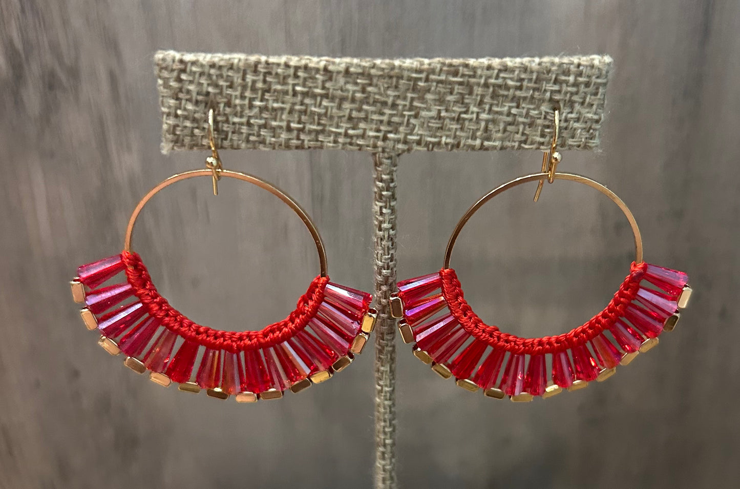 Red Beaded Flare Hoop Earring