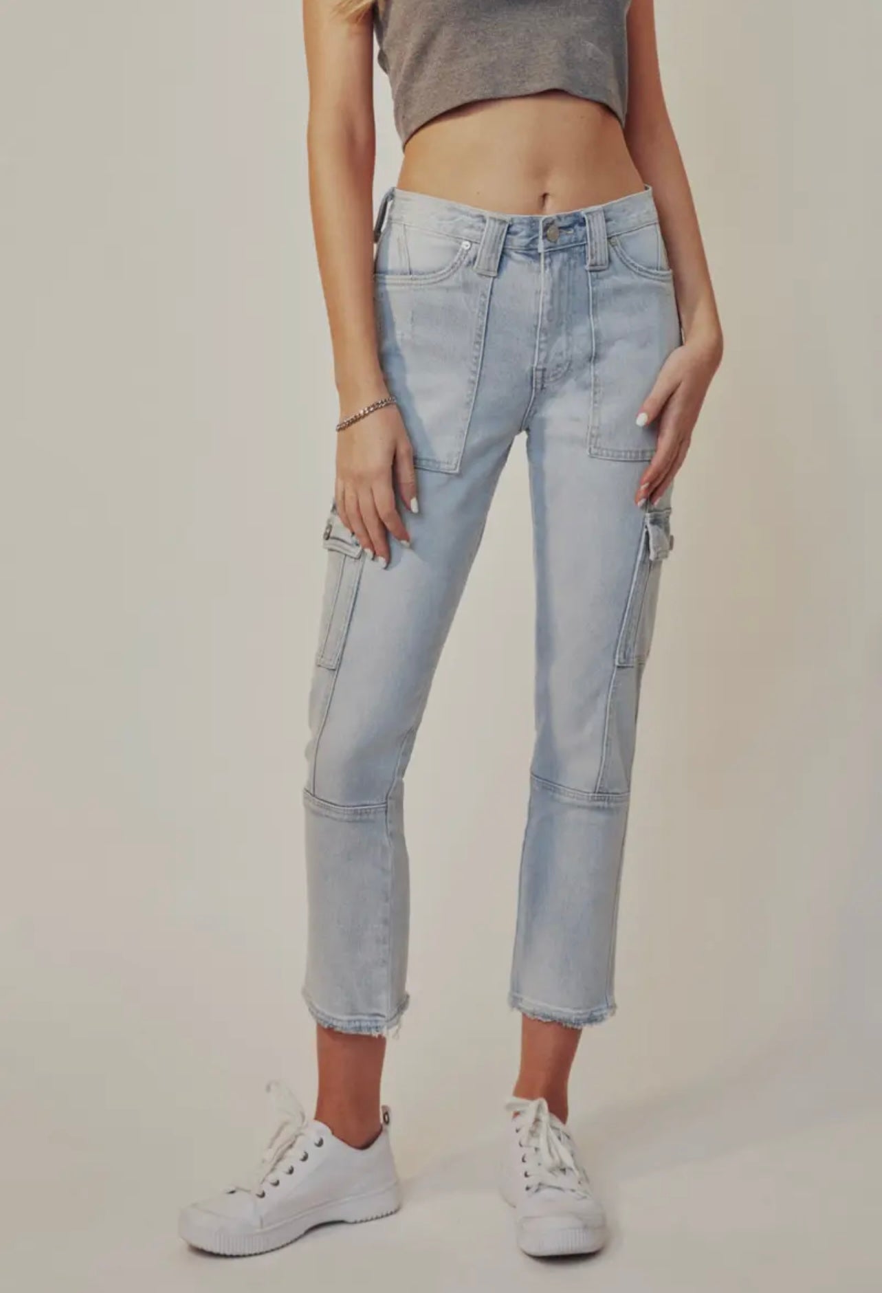High Rise Light Stone Wash Cargo Jeans