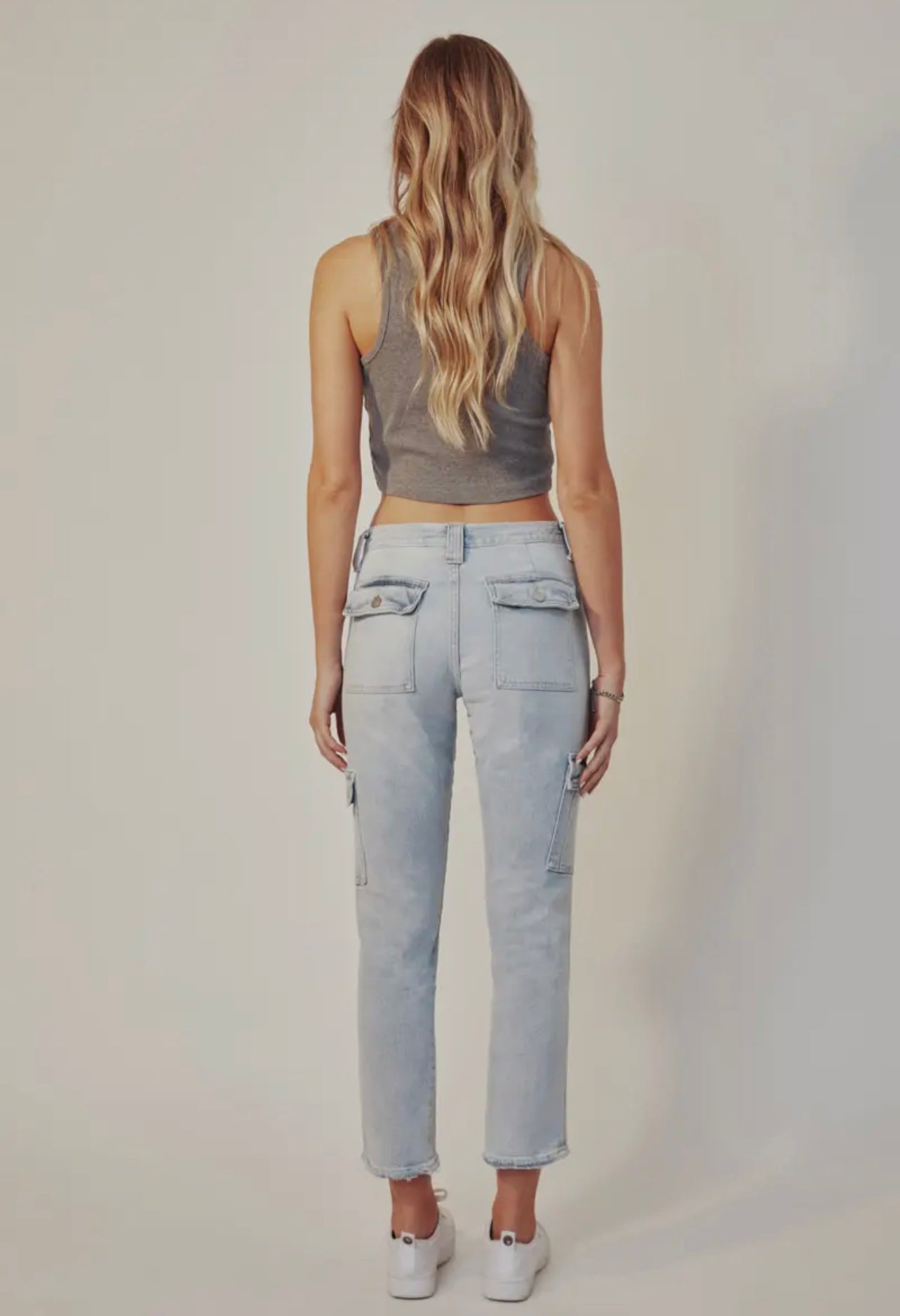 High Rise Light Stone Wash Cargo Jeans