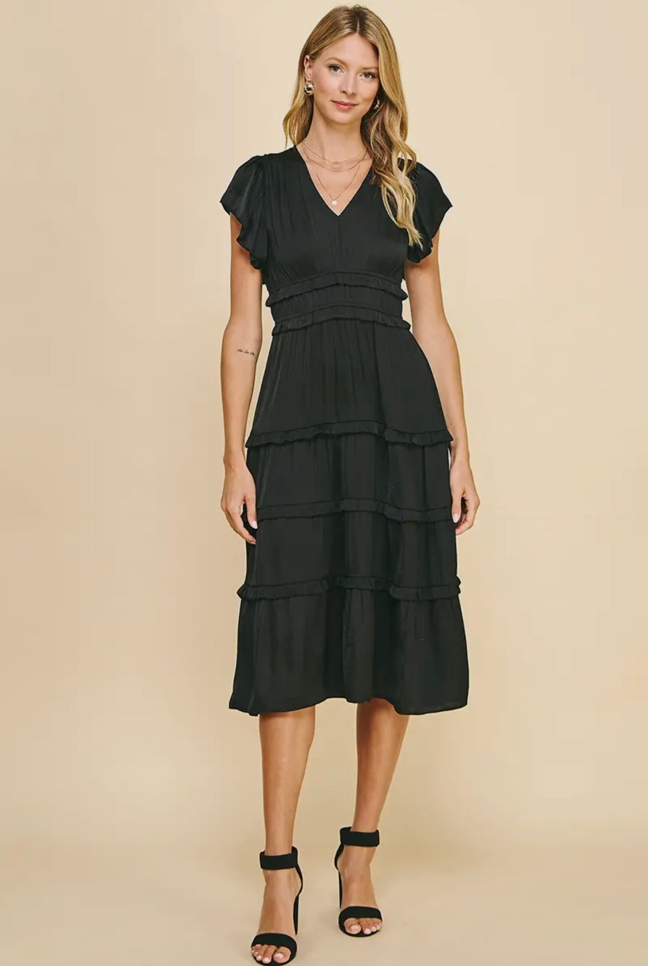 V Neck Tiered Midi Dress