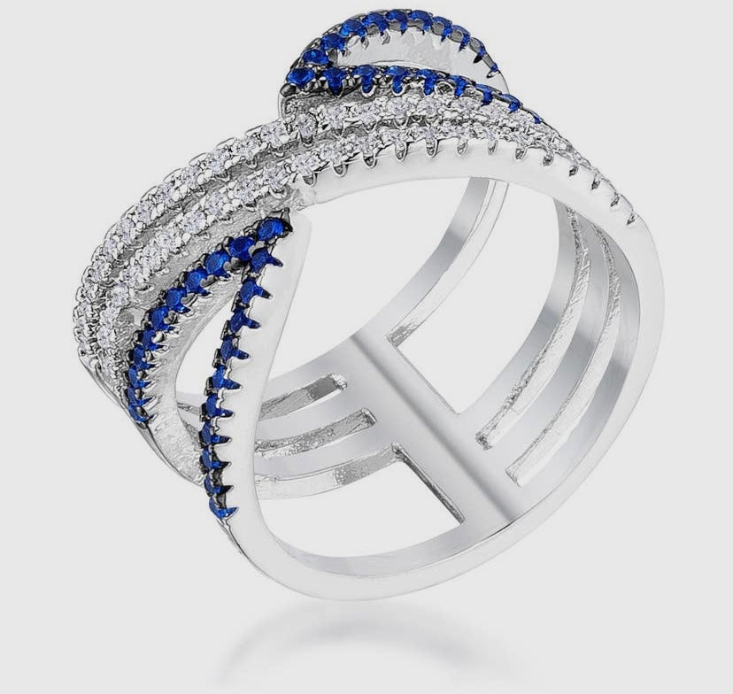 Sapphire Blue & Clear Cz Pave Crossover