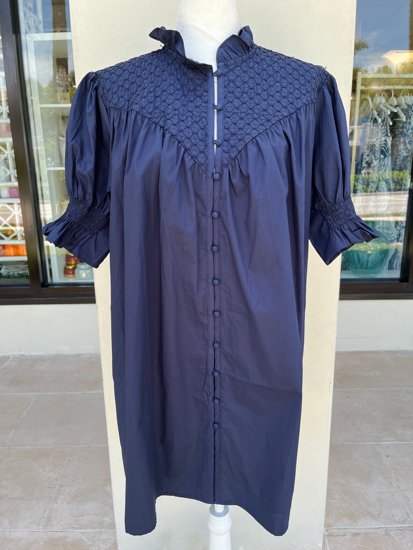Navy Blue Button Up Textured Dress