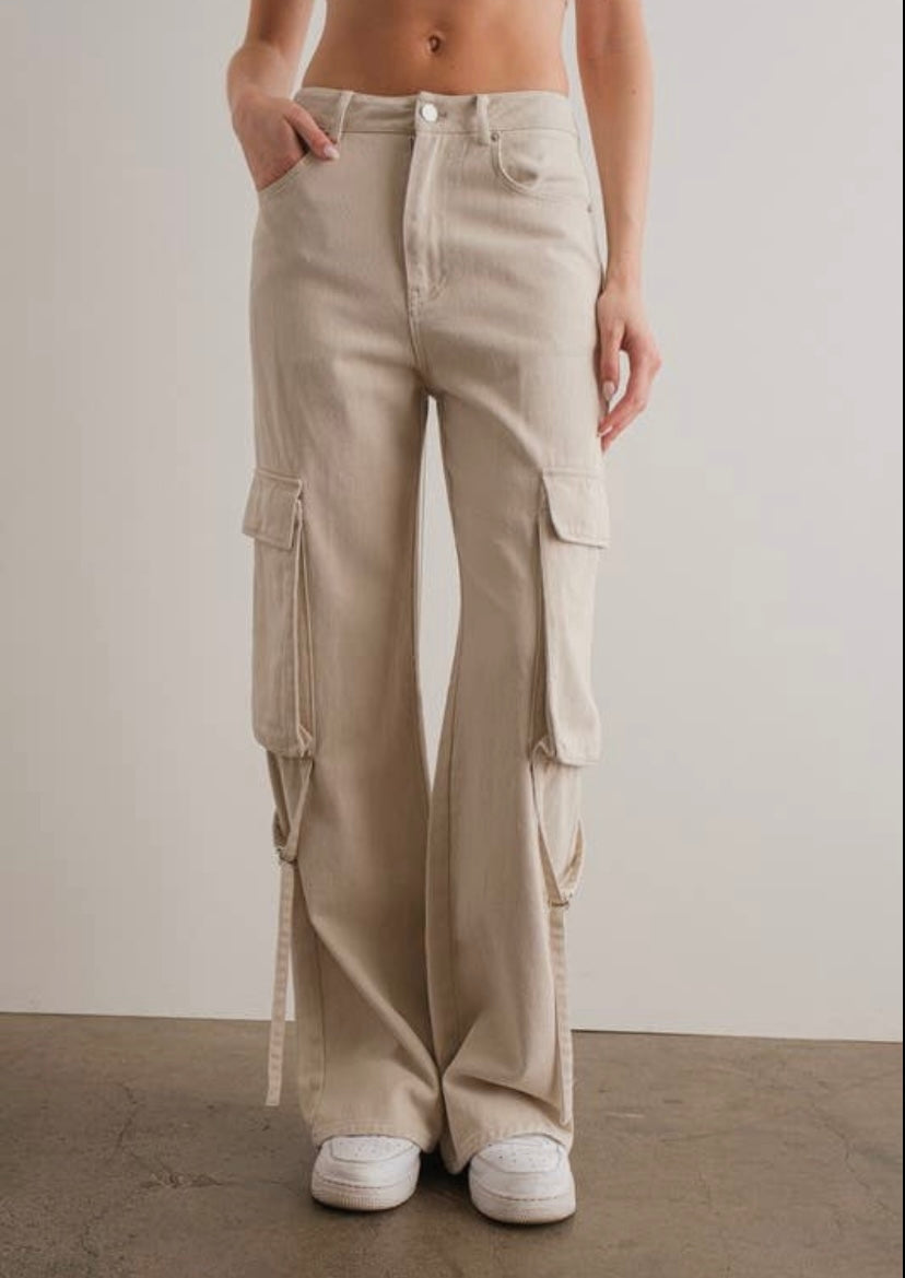 Wide Leg Denim Cargo Pants