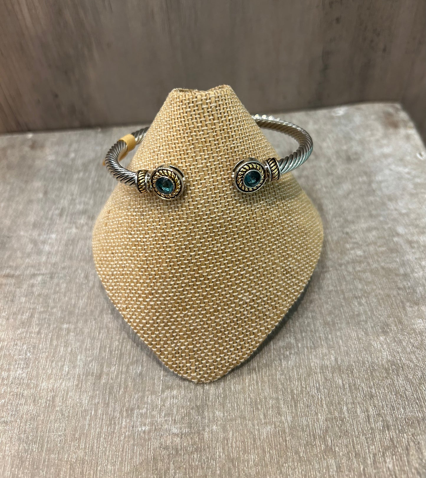 Brushed Silver With Blue Stone Twist Bracelet