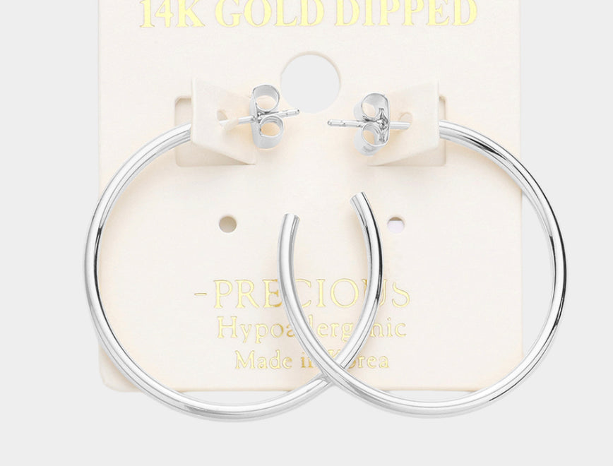 14K White Gold Dipped 1.3 Inch Metal Hoop