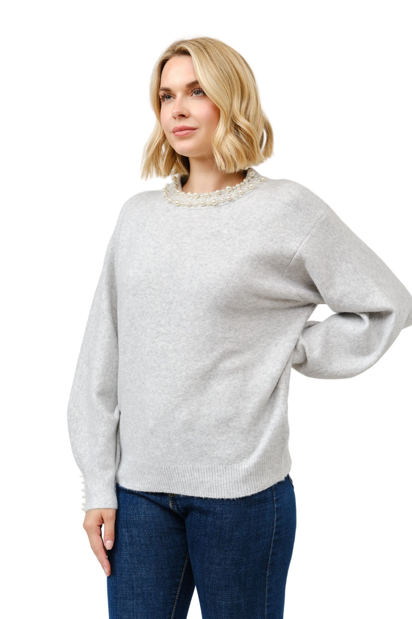 Pearl Detail Crew Neck Pullover Sweater