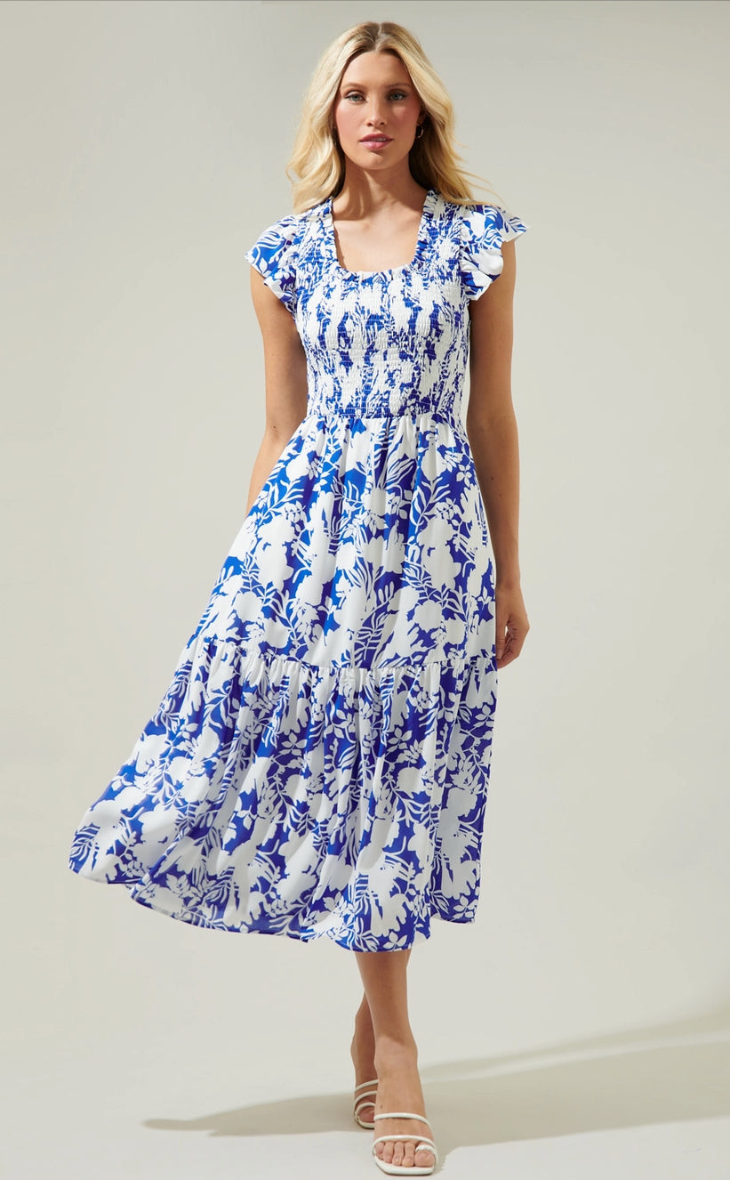 Smocked Tiered Midi Dress in Blue