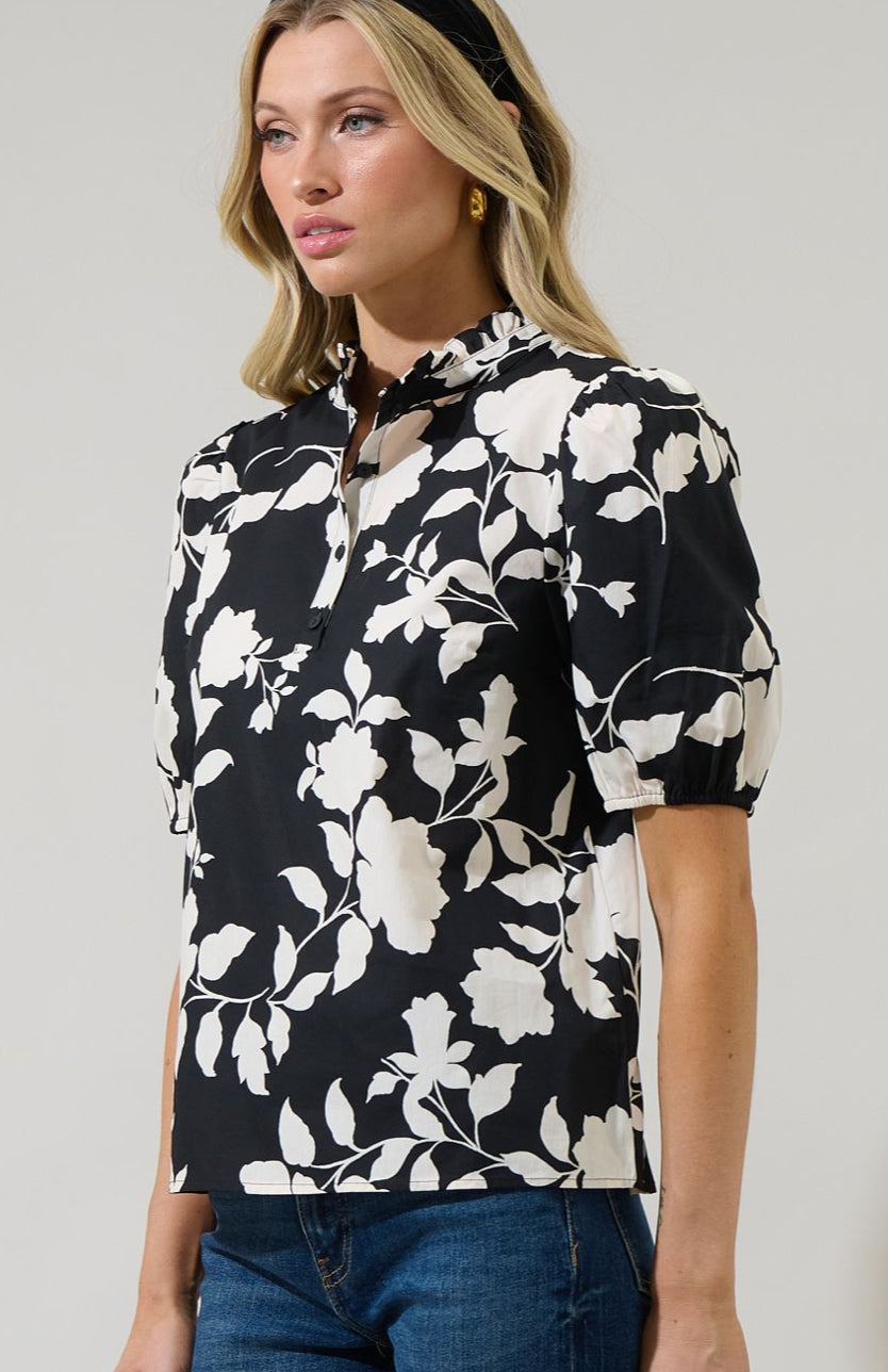Floral Mock Neck Poplin Top
