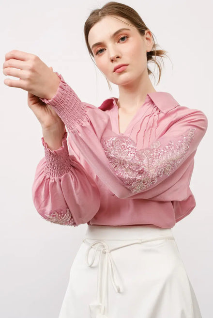Long Balloon Sleeve Jewel Embroidery Blouse Top