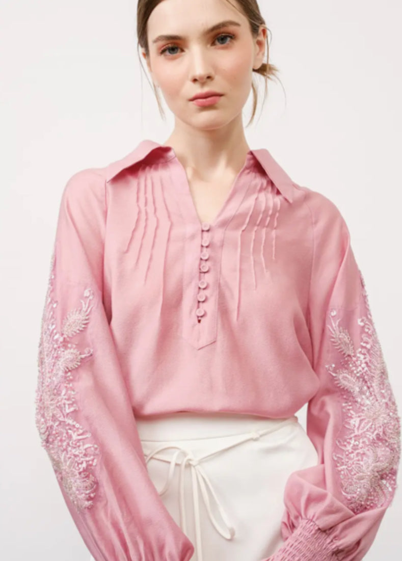 Long Balloon Sleeve Jewel Embroidery Blouse Top