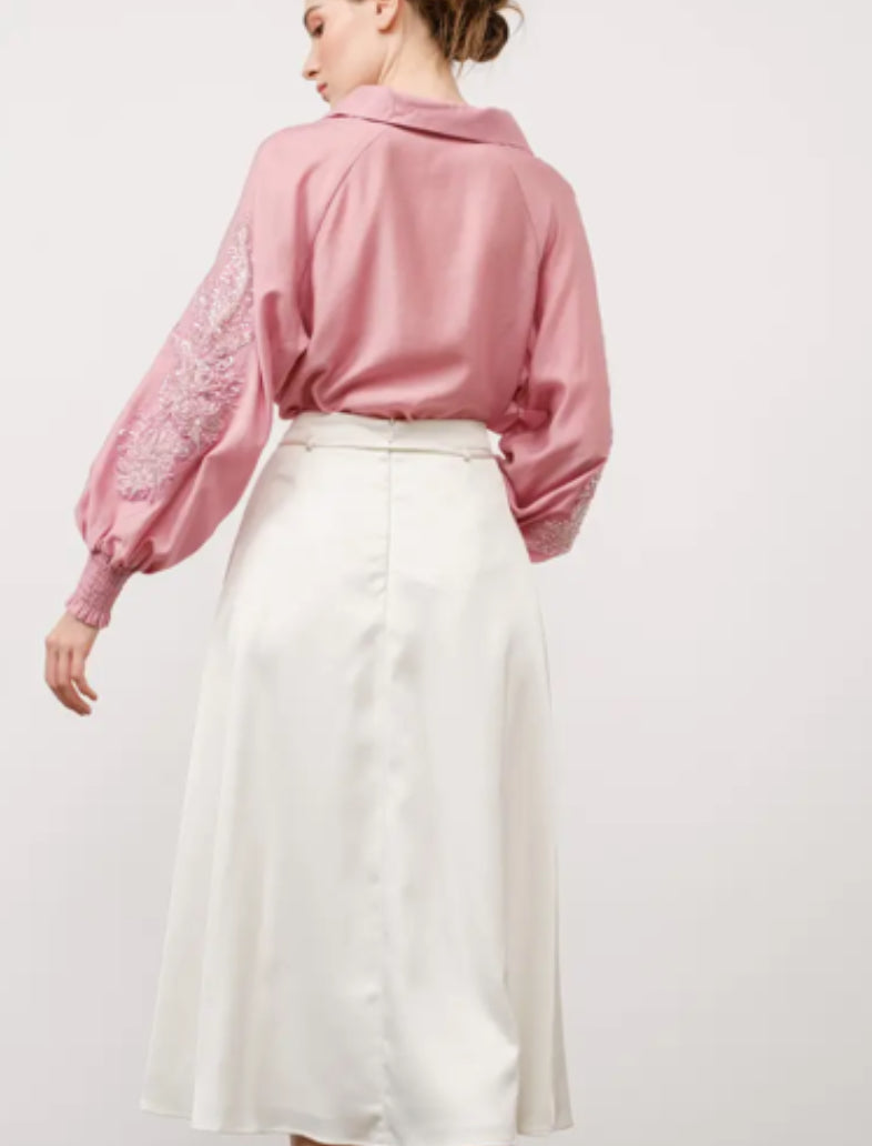 Long Balloon Sleeve Jewel Embroidery Blouse Top