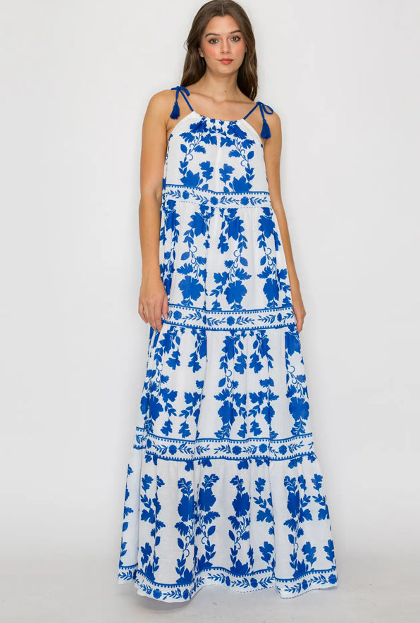 Blue Leaves Print Maxi Halter Dress