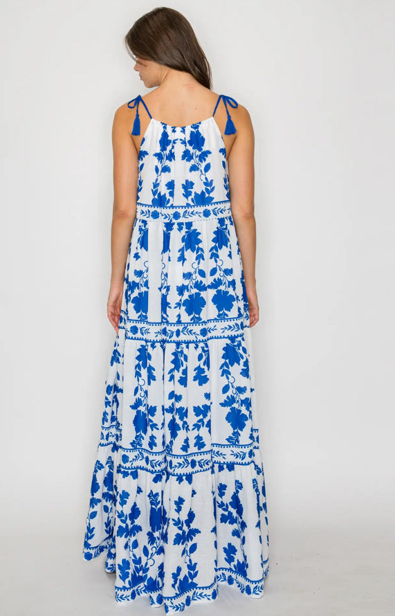 Blue Leaves Print Maxi Halter Dress