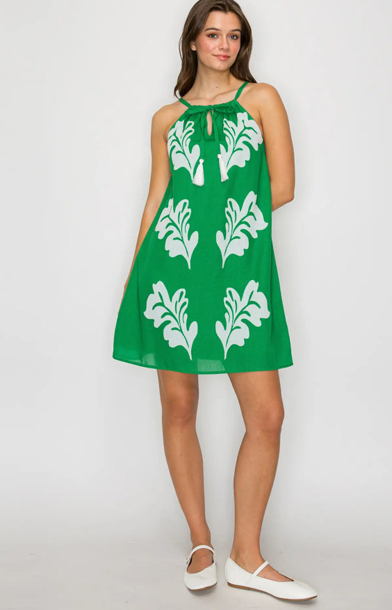Green Leaves Print Mini Halter Dress