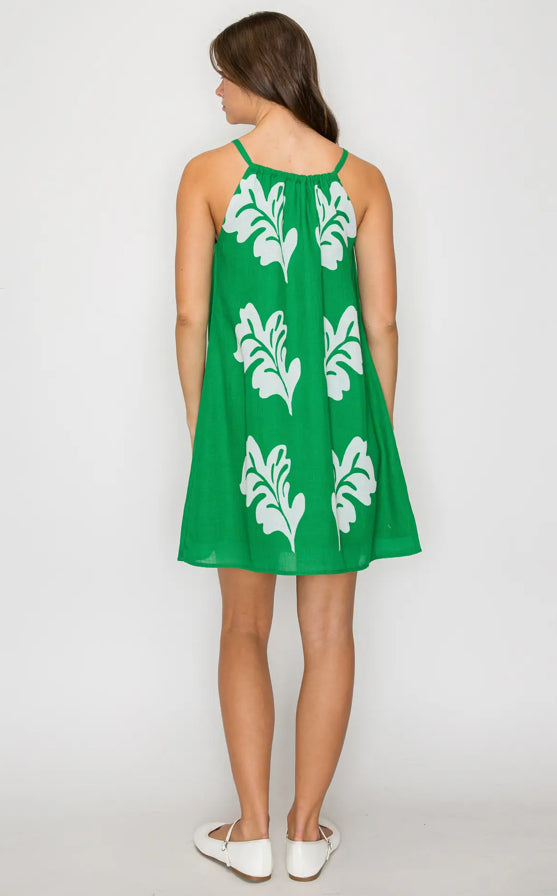 Green Leaves Print Mini Halter Dress