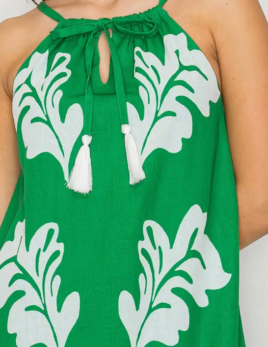 Green Leaves Print Mini Halter Dress