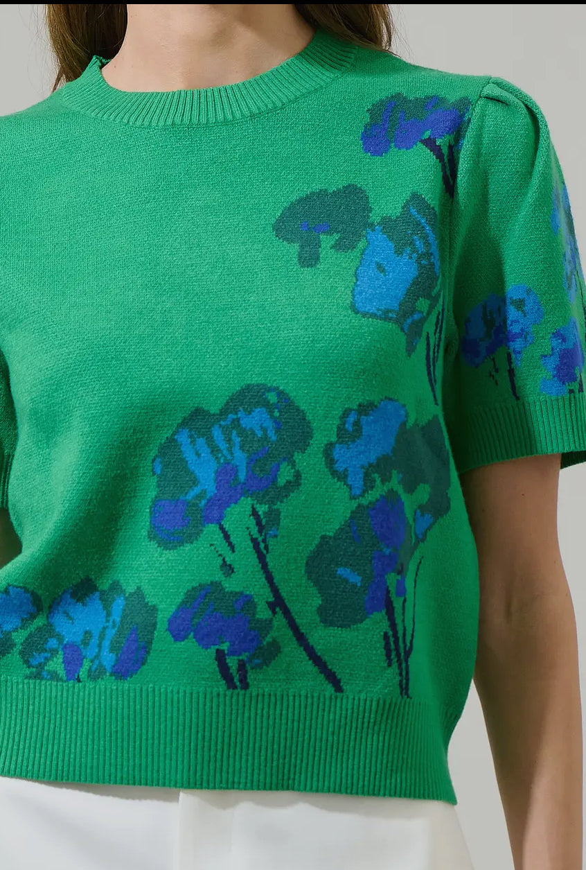 Kersey Floral Pleated Short Sleeve Sweater Top
