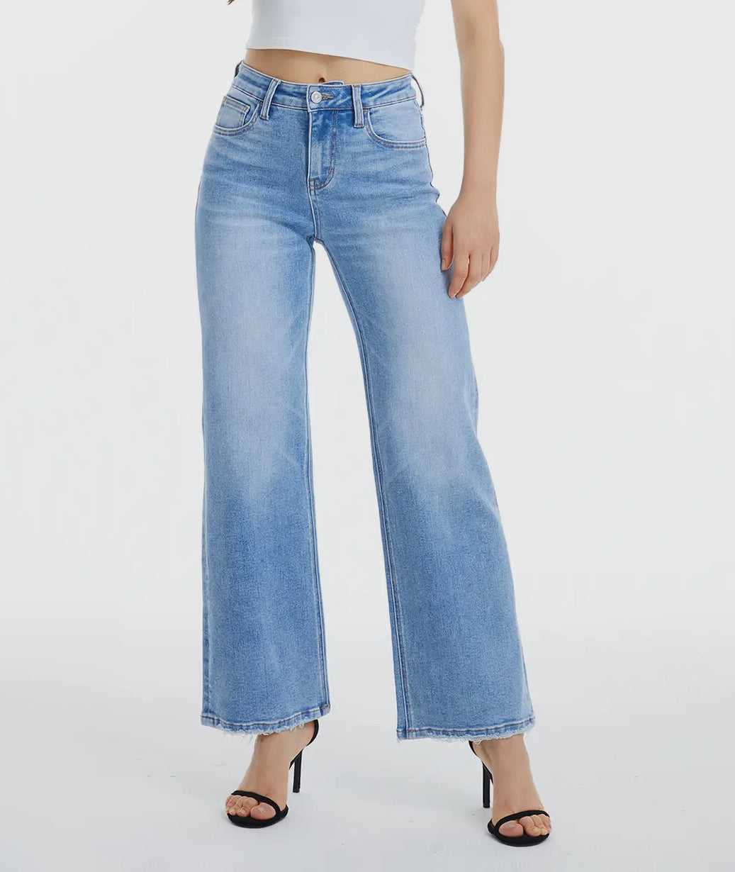 Mid Rise Wide Leg Jeans with Finished Hem