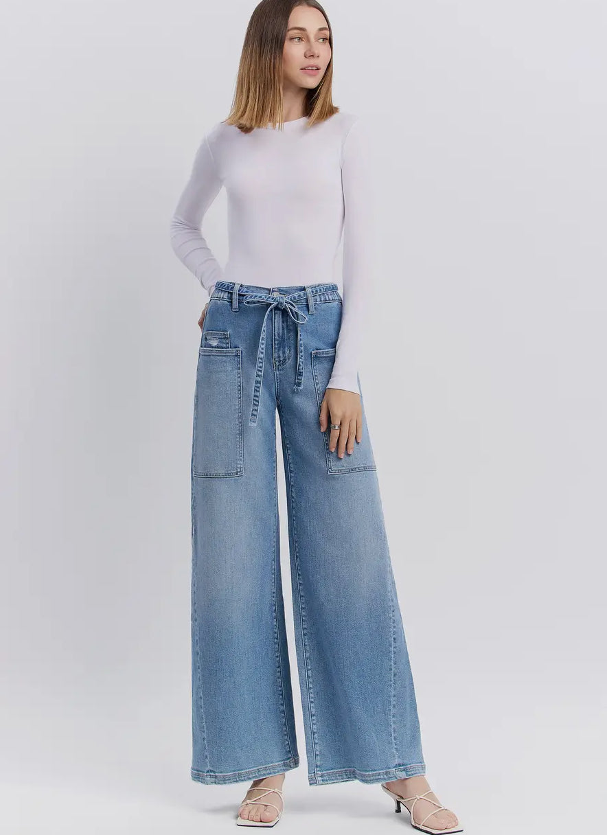 High Rise Elastic Tie Waistband Wide Jean
