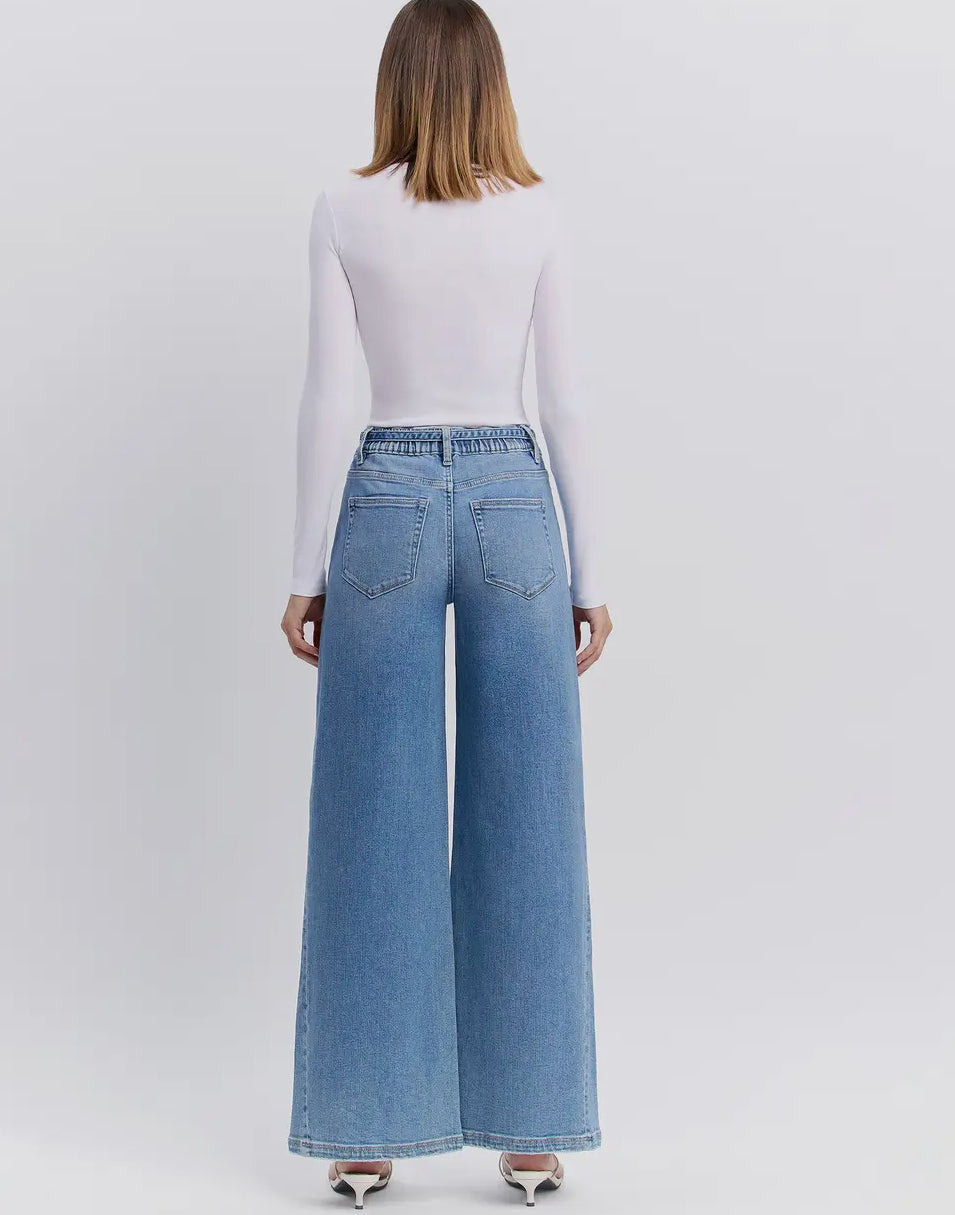 High Rise Elastic Tie Waistband Wide Jean