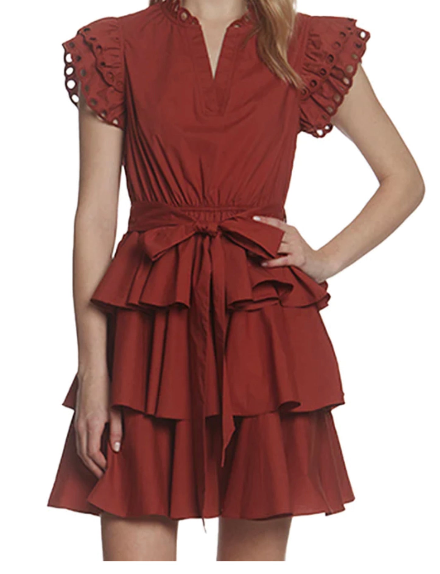 EYELET RUFFLE TRIM BELTED MINI DRESS