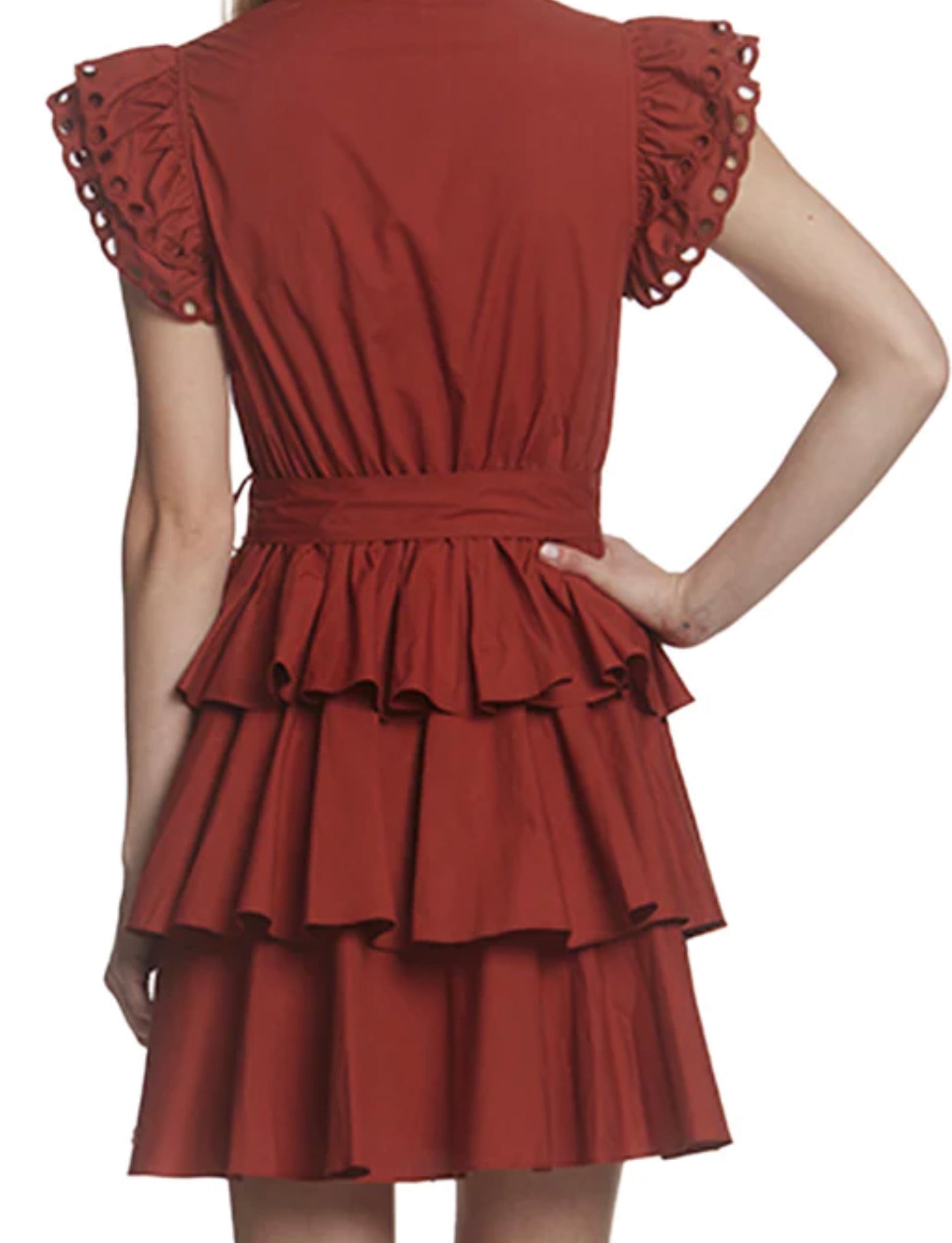 EYELET RUFFLE TRIM BELTED MINI DRESS