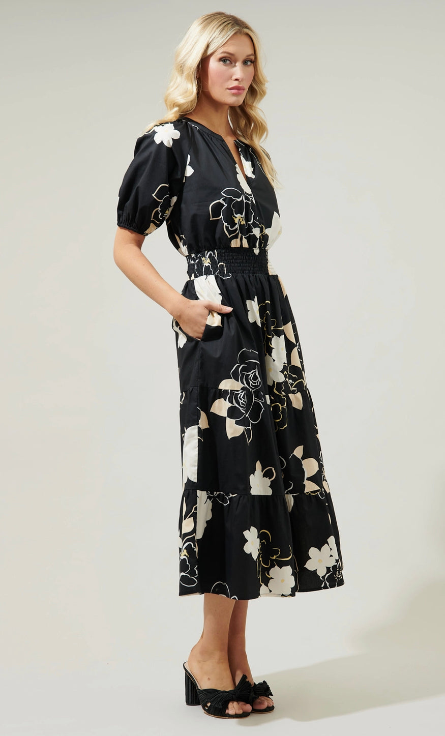 Rose Hacienda Puff Sleeve Midi Dress