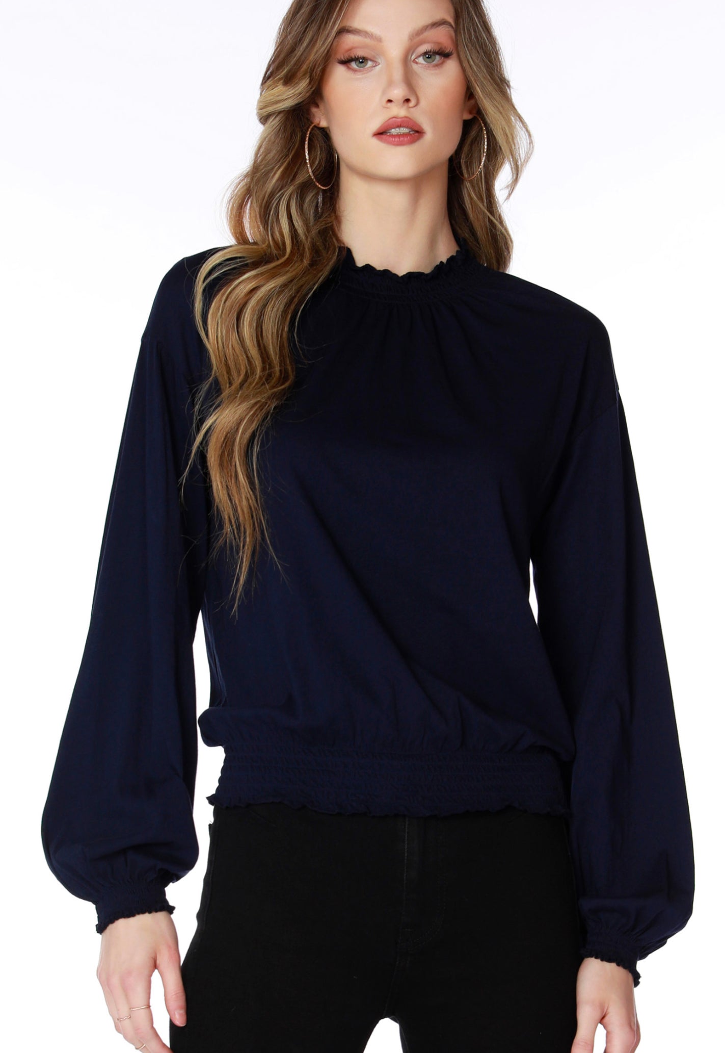 Smocked shirred turtleneck