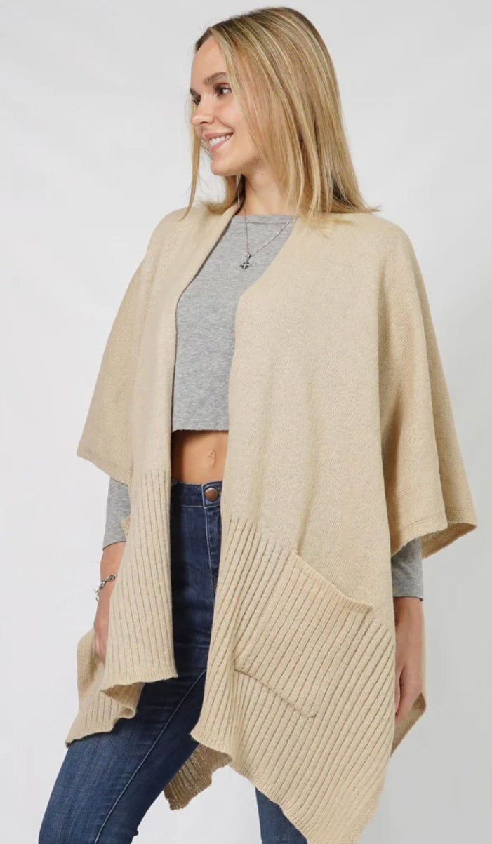 SOLID KNIT SHAWL W/POCKET