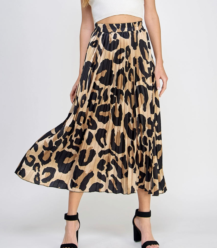 Leopard Print Pleated Midi Skirt
