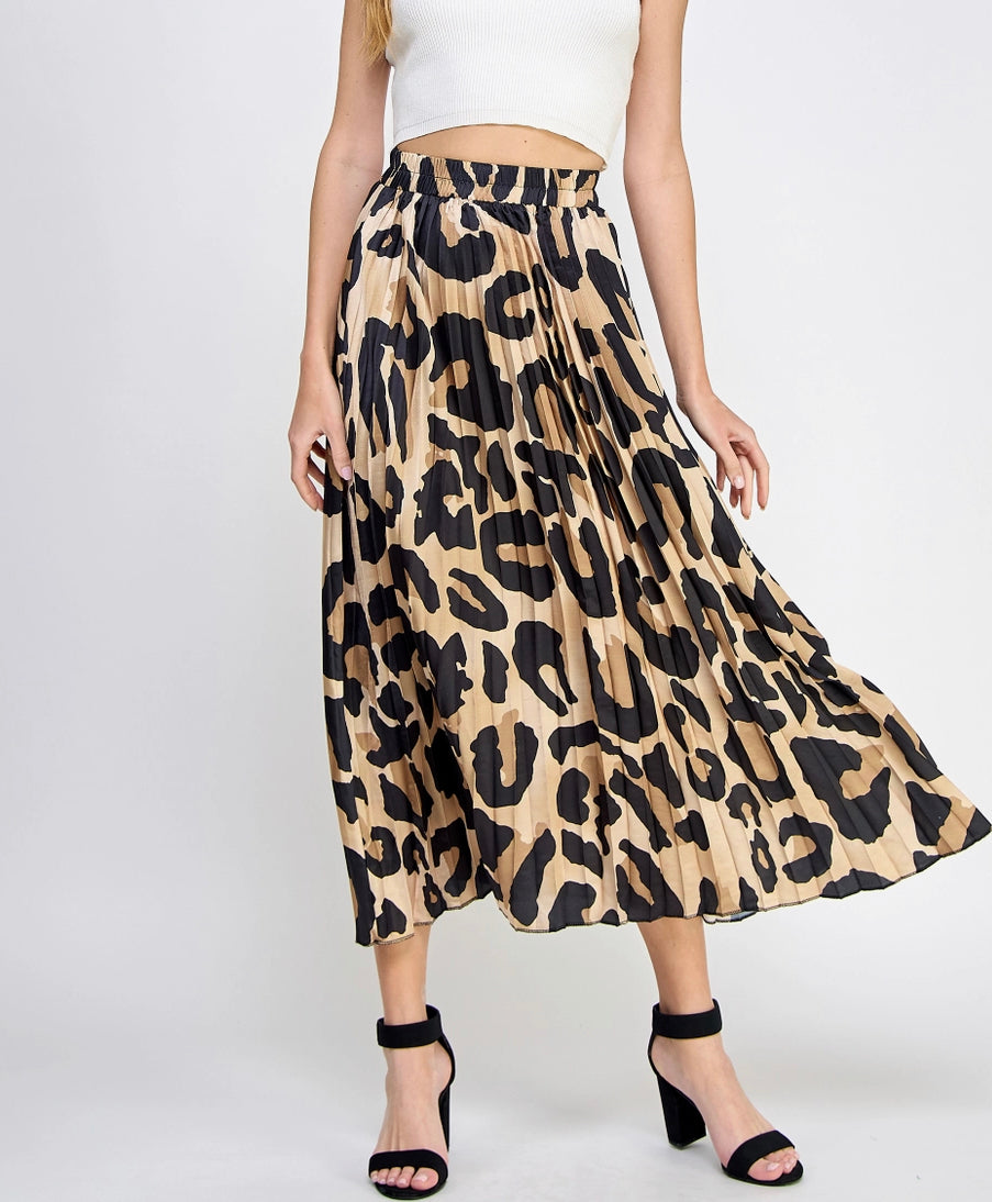 Leopard Print Pleated Midi Skirt