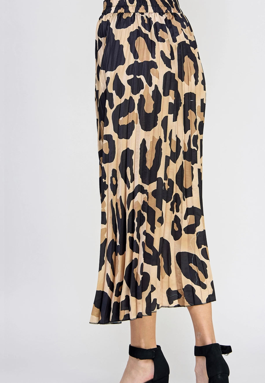 Leopard Print Pleated Midi Skirt