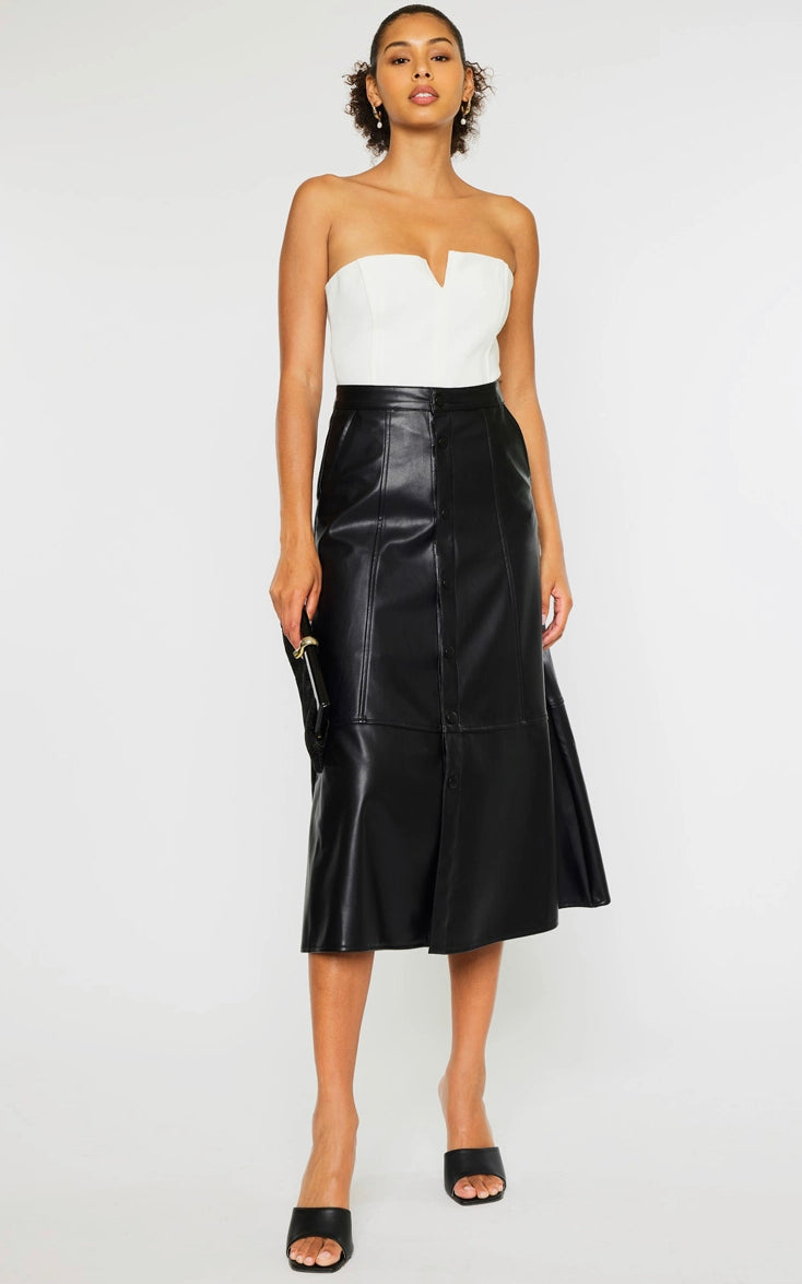 HIGH RISE FAUX LEATHER MIDI SKIRT