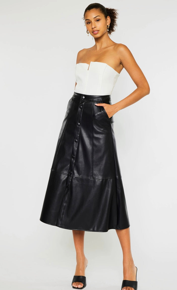 HIGH RISE FAUX LEATHER MIDI SKIRT