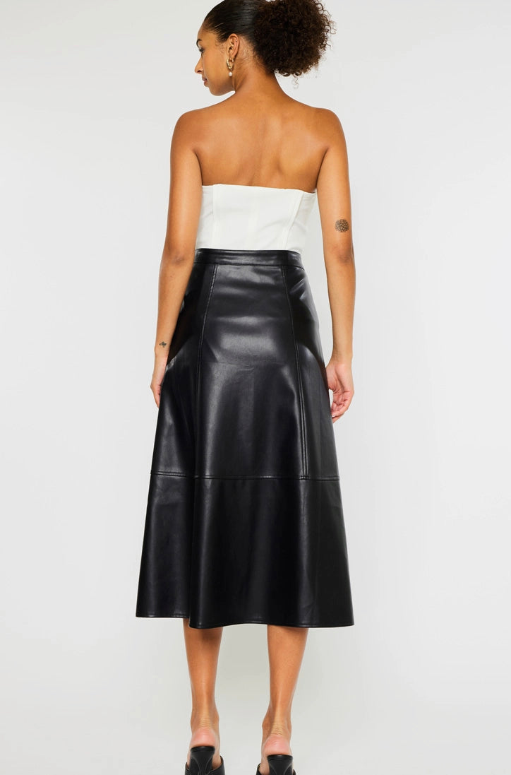 HIGH RISE FAUX LEATHER MIDI SKIRT