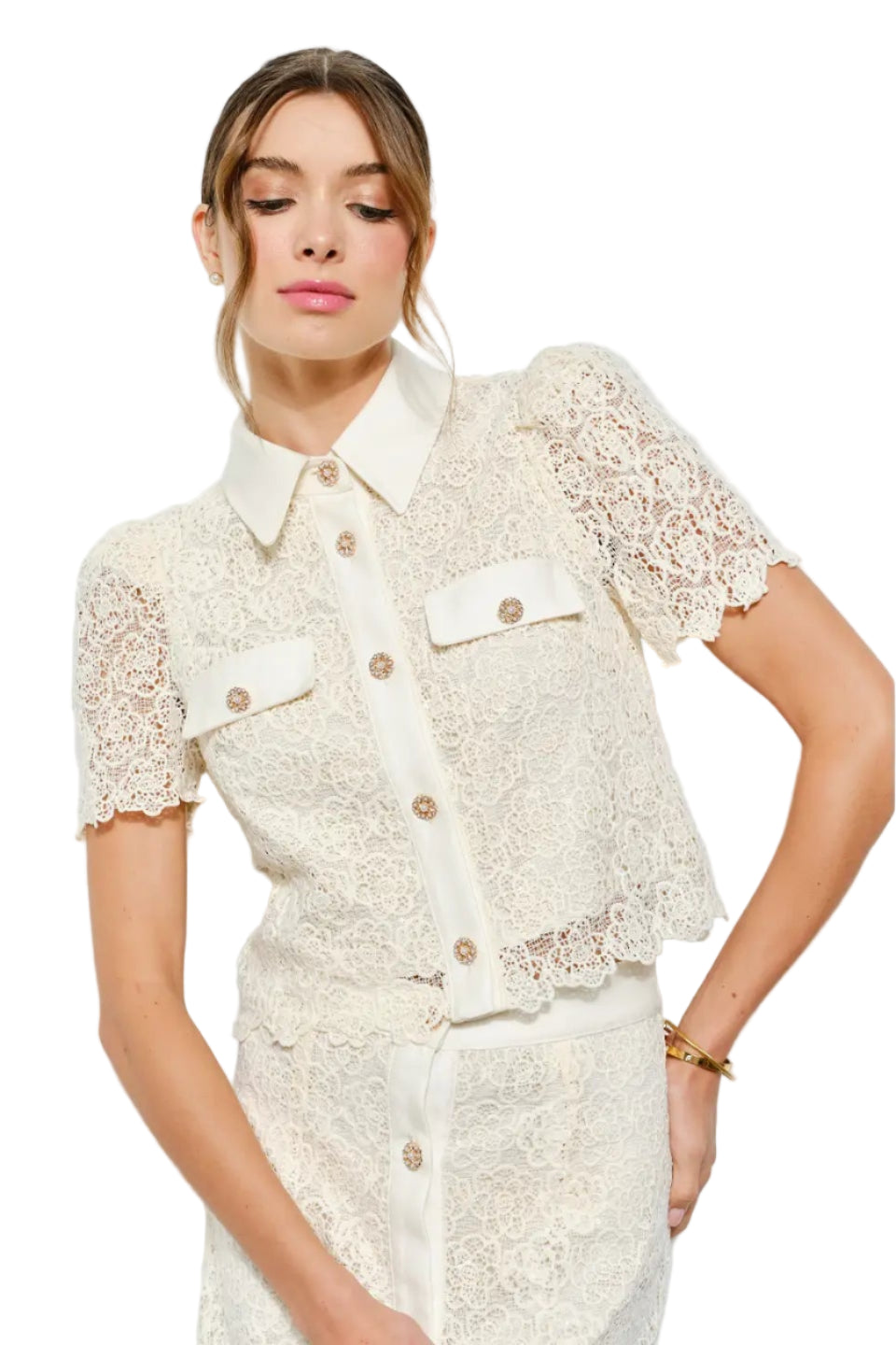 Puff Short Sleeve Lace Shirt