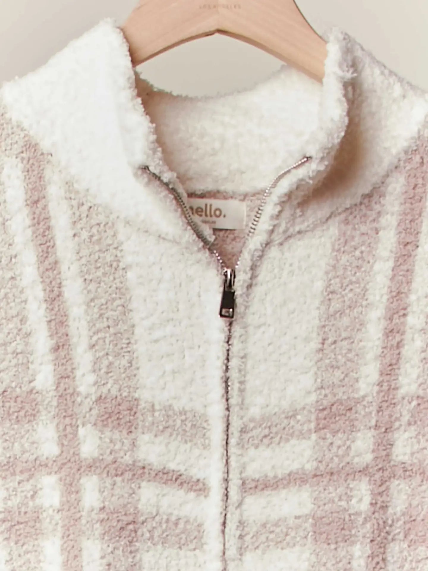 High Neck Plaid Knit Zip Up Jacket