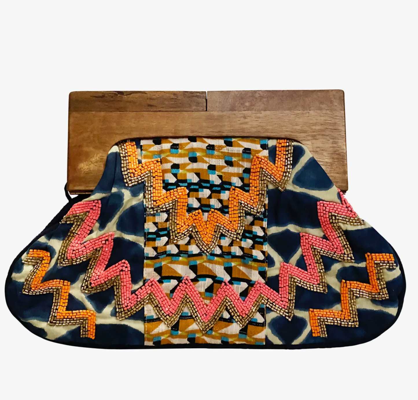 Navy Beaded Clutch with Wooden Handle