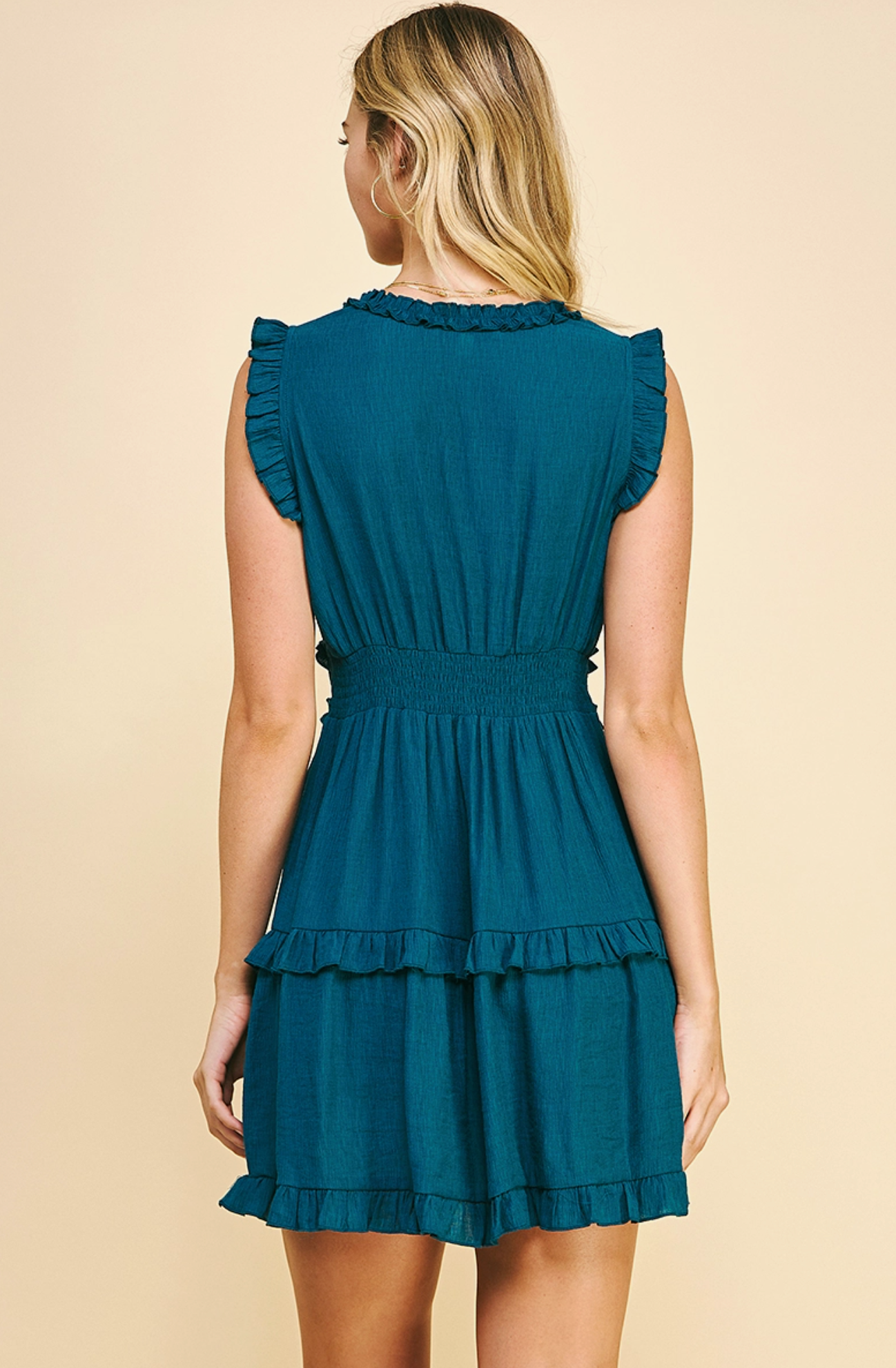 Teal V-Neck Ruffle Mini Dress