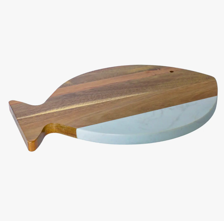 White Marble & Acacia Wood Fish Board, 11.75" X 7.75"