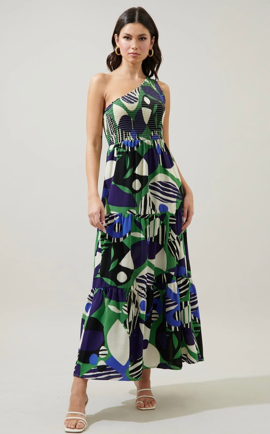Xandria Geometric Smocked One Shoulder Lys Maxi Dress