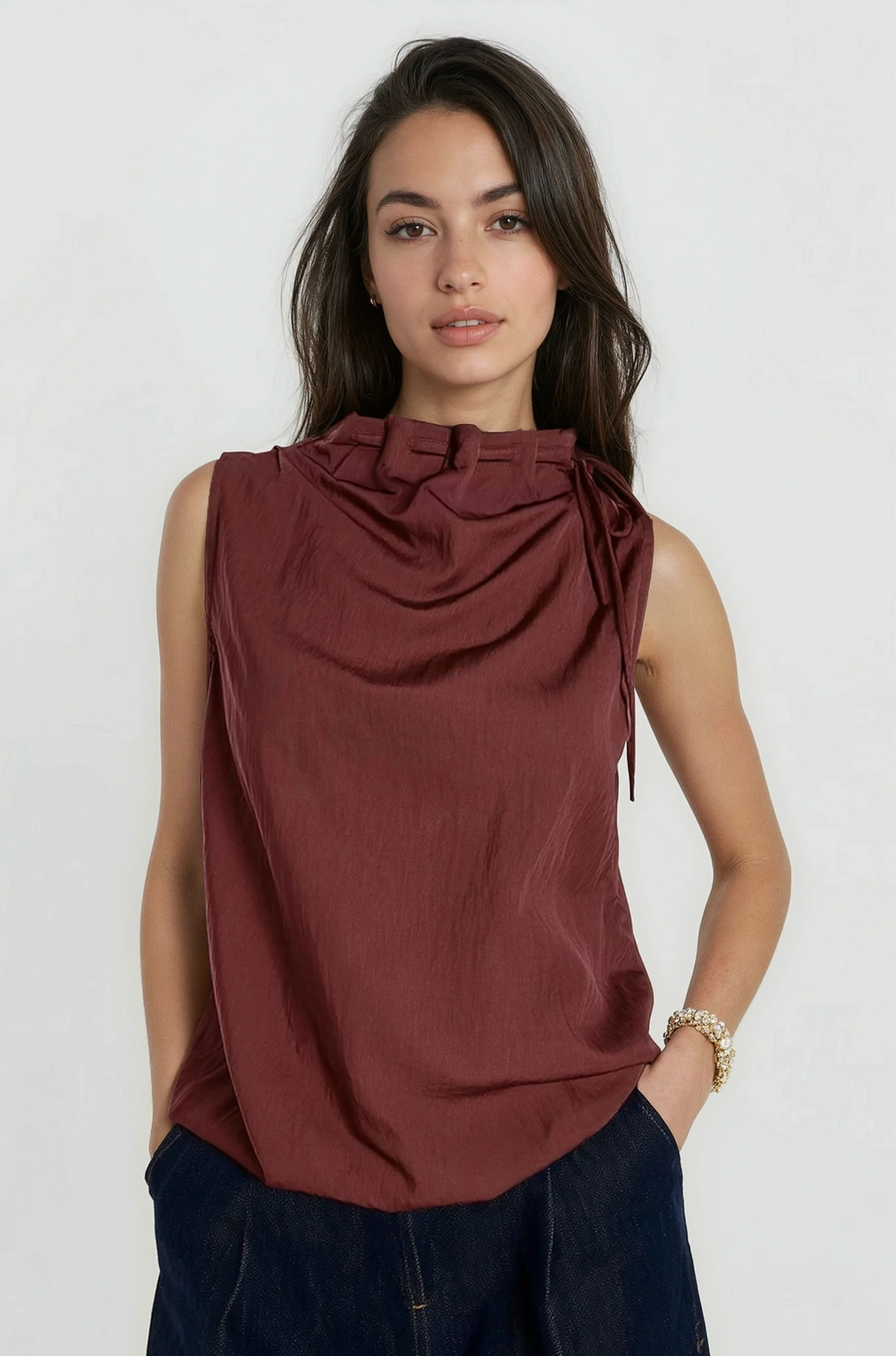 Cinched Mock Neck Sleeveless Top