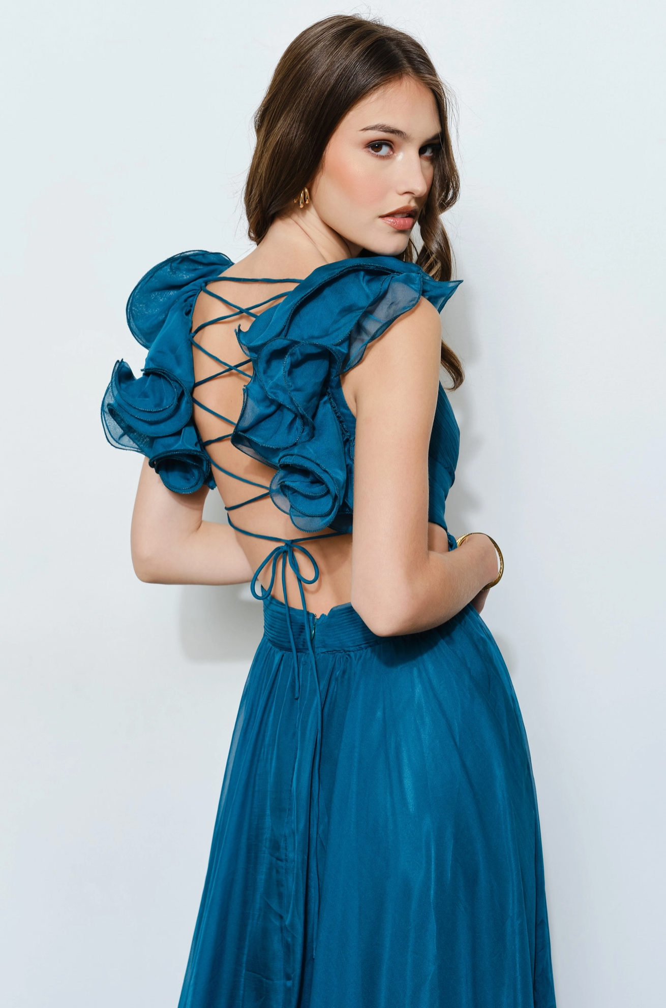 Organza Shoulder Strap Cutout Lace-Up Maxi Dress