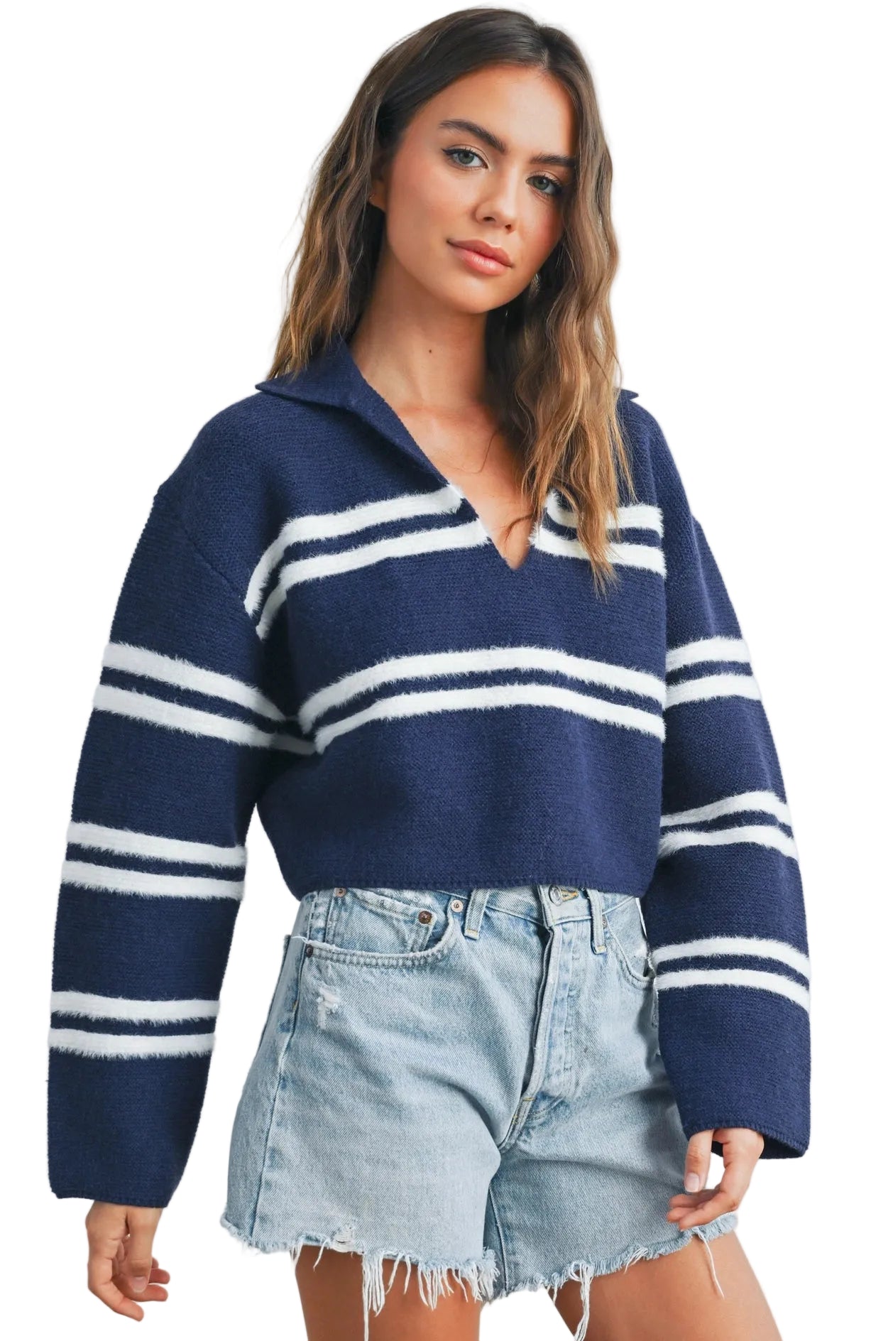 Striped Crop Collar Sweater Top