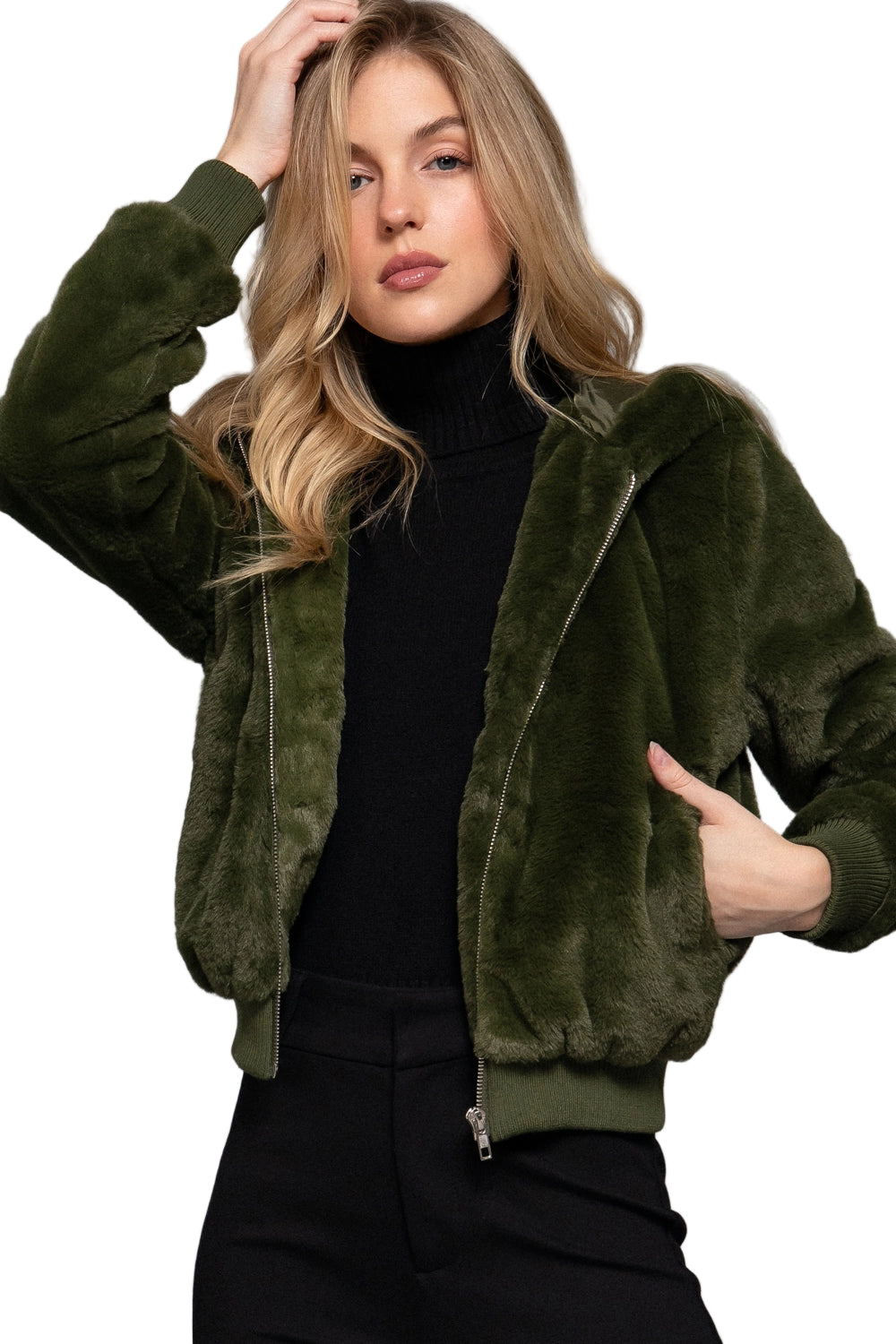 Long Sleeve Zip Up with Hoodie Faux Fur Jacket