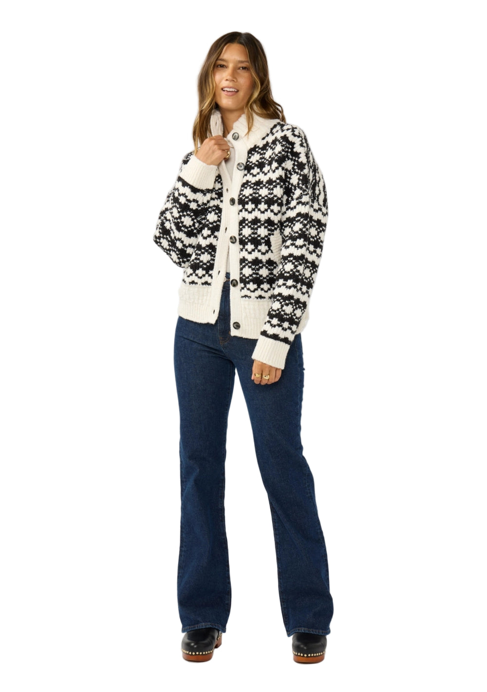 Geo Pattern Button Down Sweater Jacket