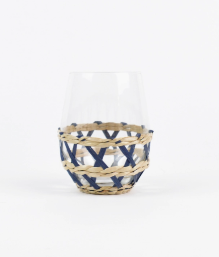 Navy Rattan 20 oz Stemless Wine Glass