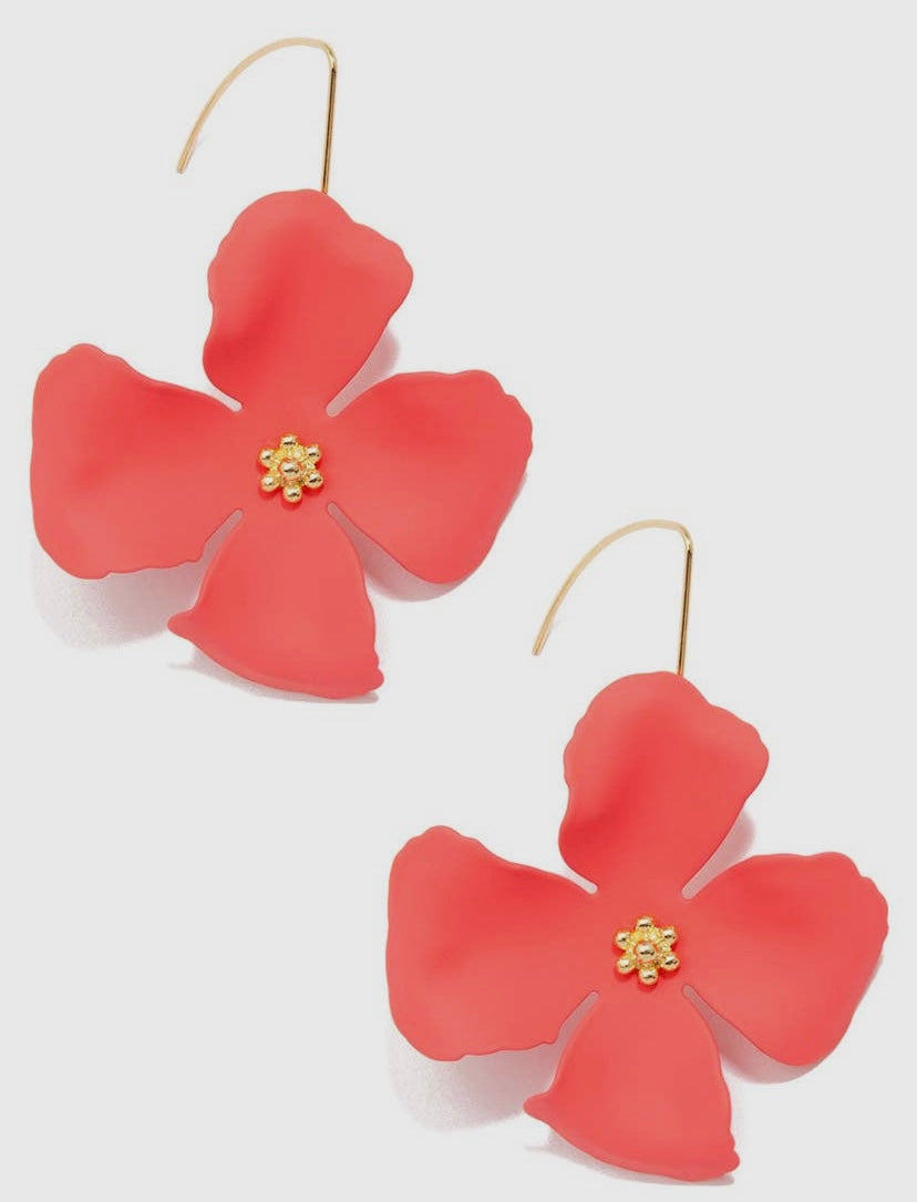Matte Coral Pink Flower Dangle Earrings