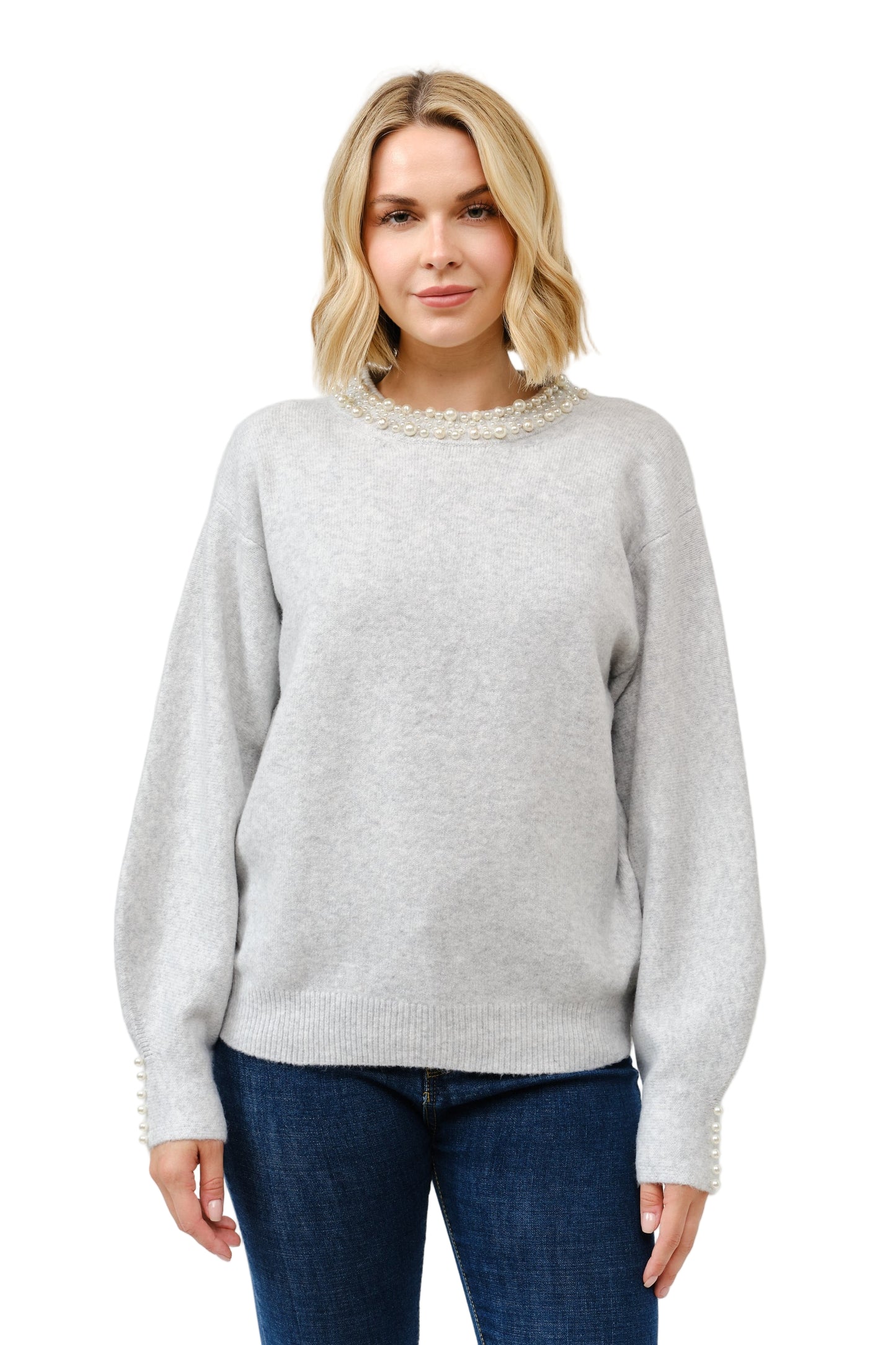 Pearl Detail Crew Neck Pullover Sweater