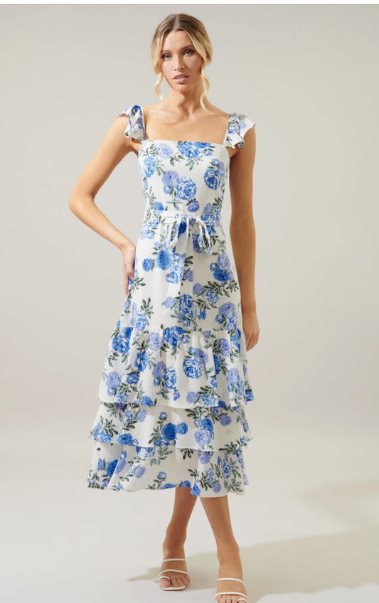 Blue Floral Guayana Tiered Midi Dress